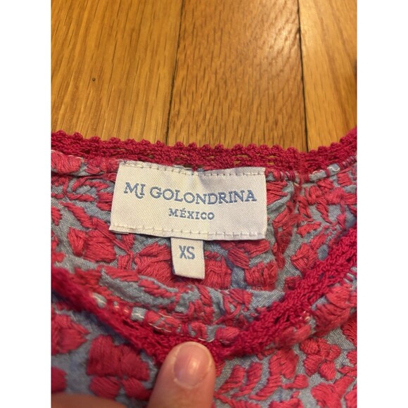 Mi Golondrina Fernanda Top Blouse Embroidered Blue Chambray Pink Floral XS - Picture 5 of 10